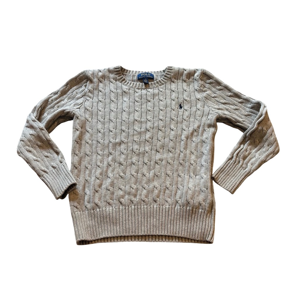 Polo Ralph Lauren Kids Gray Cable Knit Cotton Sweater Size M 10-12 Pony Logo